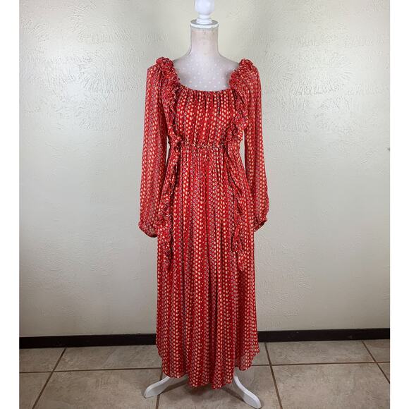 Tanya Taylor Daria Silk Midi Dress Size 8 Red Geo Print Chiffon Ruffles - Picture 2 of 12